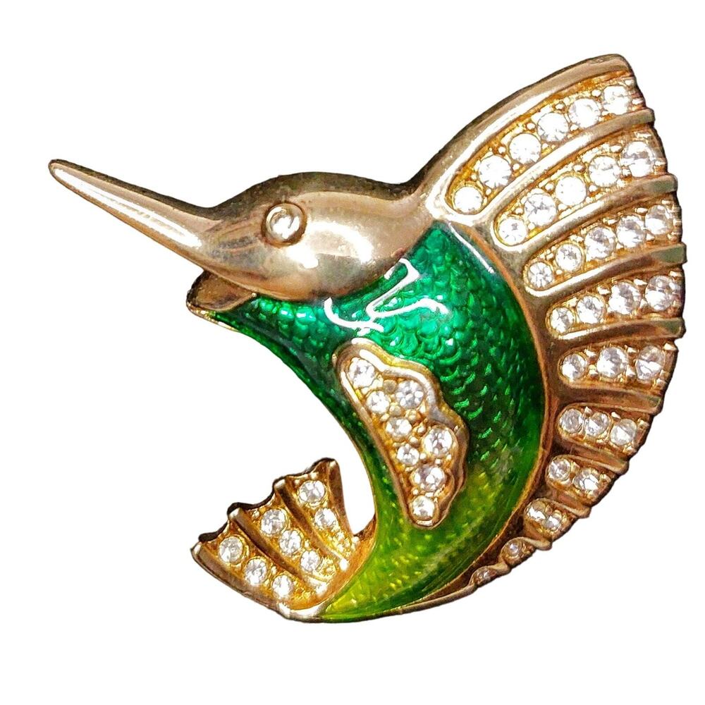 Swarovski Vintage Green Enamel Flying Fish Sailfish Gold Tone Rhinestones Brooch